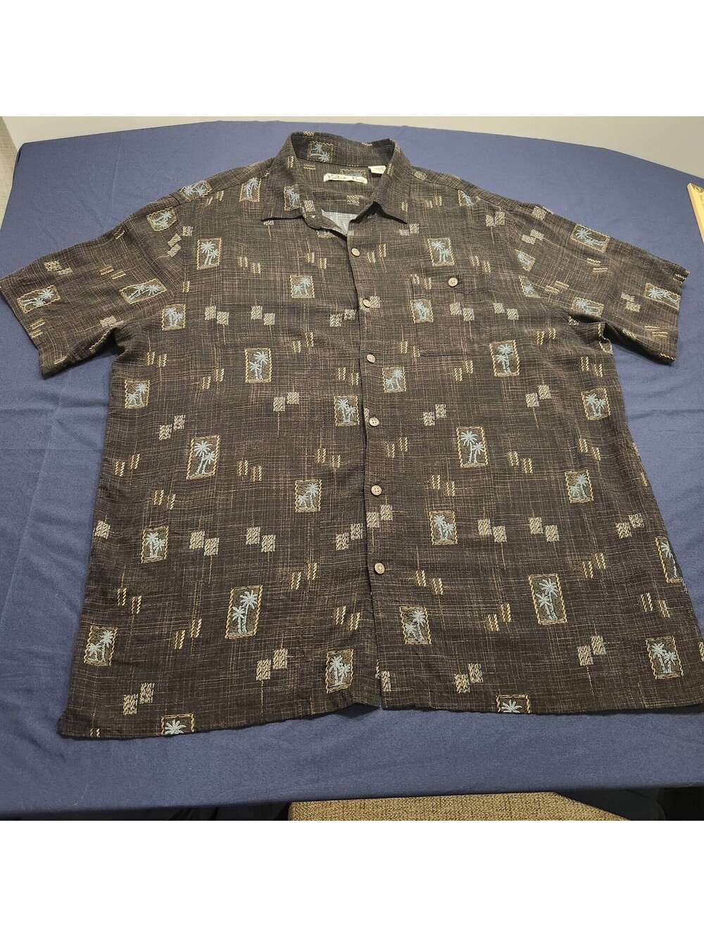 Batik Bay Mens Collared Shirt Black Stitched Palm Trees And Geometric Design XL